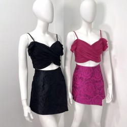 吊带露脐交叉上衣+花纹高腰裤裙套装